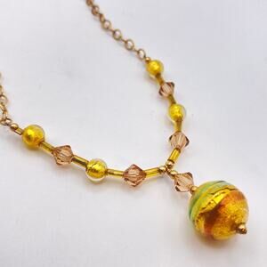 Signed LCG Clover Handblown Glass Beaded Pendant Necklace Yellow Gold Plated NWT